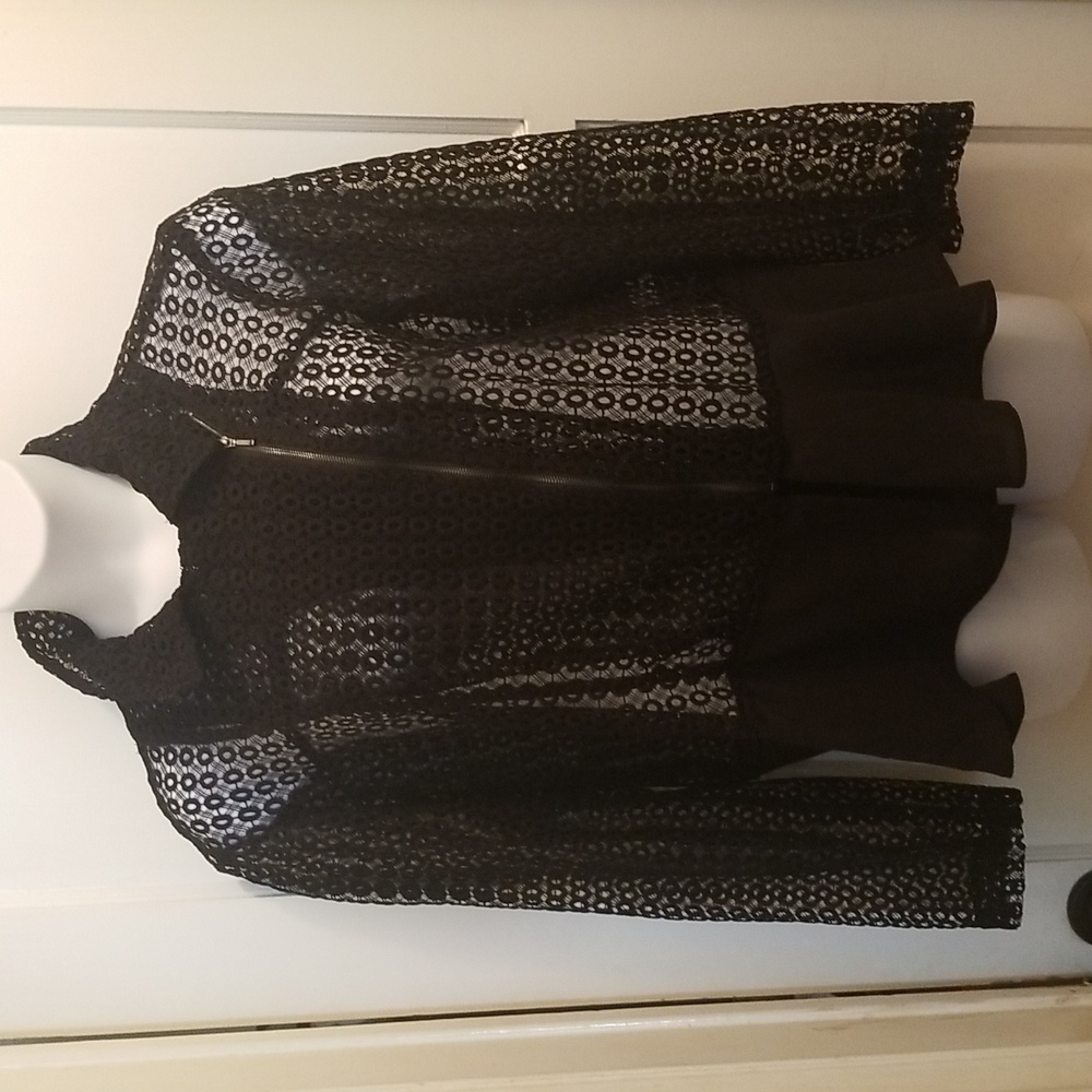 Black lace moto style zip jacket with chiffon trim